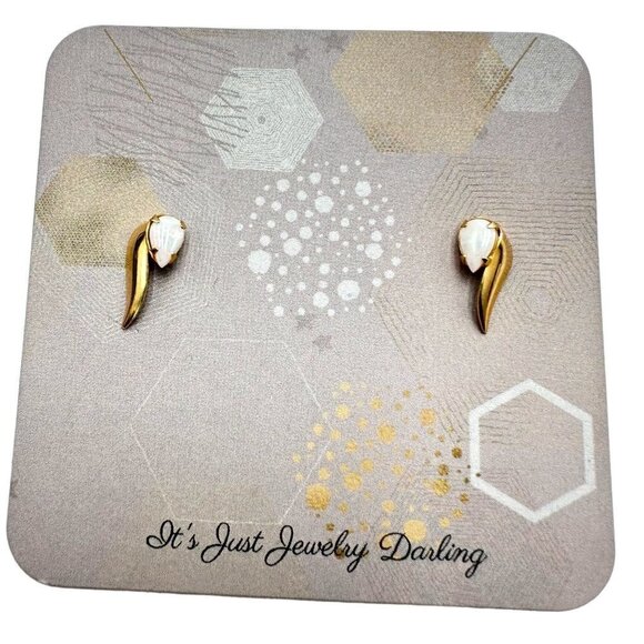 Estate 14K Yellow Gold Opal Pierced 1/2 Inch Stud Earrings - Picture 1 of 4